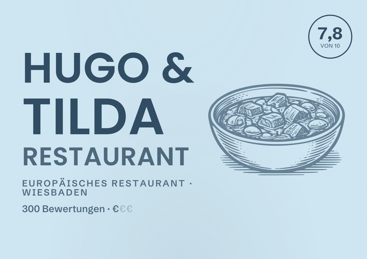 Illustriertes Poster von hugo & tilda Restaurant, Europäisches Restaurant in Wiesbaden: Bewertung 7,8 von 10 aus 300 Bewertungen, Preisniveau €