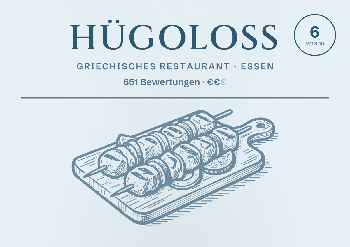 Illustriertes Poster von Hügoloss, Griechisches Restaurant in Essen: Bewertung 6 von 10 aus 651 Bewertungen, Preisniveau €€