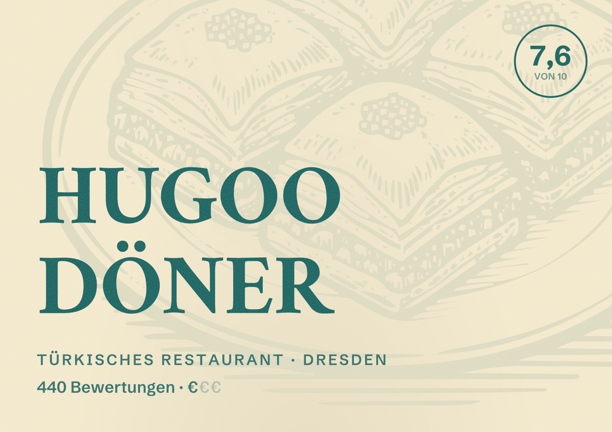Illustriertes Poster von HUGOO DÖNER, Türkisches Restaurant in Dresden: Bewertung 7,6 von 10 aus 440 Bewertungen, Preisniveau €