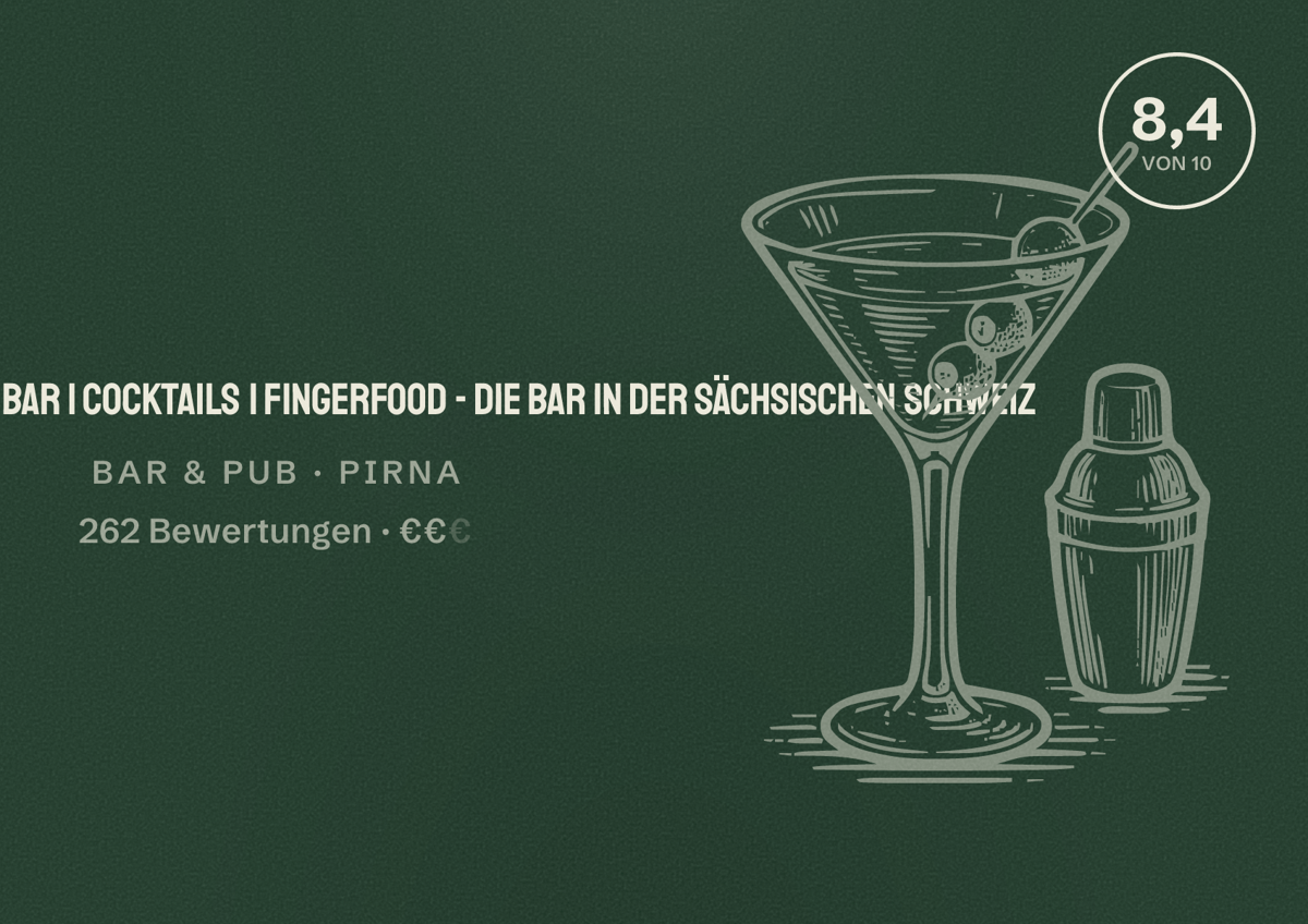Illustriertes Poster von HUGOS Pirna - Bar | Cocktails | Fingerfood - Die Bar in der Sächsischen Schweiz, Bar & Pub in Pirna: Bewertung 8,4 von 10 aus 262 Bewertungen, Preisniveau €€