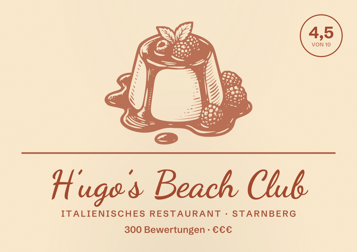 Illustriertes Poster von H’ugo’s Beach Club, Italienisches Restaurant in Starnberg: Bewertung 4,5 von 10 aus 300 Bewertungen, Preisniveau €€€