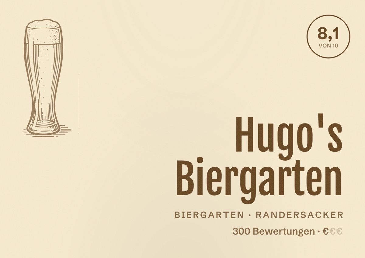 Illustriertes Poster von Hugo's Biergarten, Biergarten in Randersacker: Bewertung 8,1 von 10 aus 300 Bewertungen, Preisniveau €