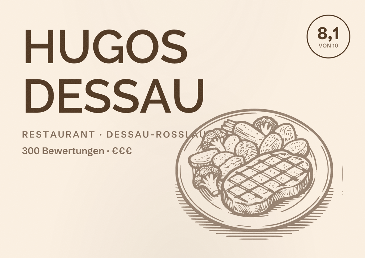 Illustriertes Poster von HUGOS DESSAU, Restaurant in Dessau-Roßlau: Bewertung 8,1 von 10 aus 300 Bewertungen, Preisniveau €€€