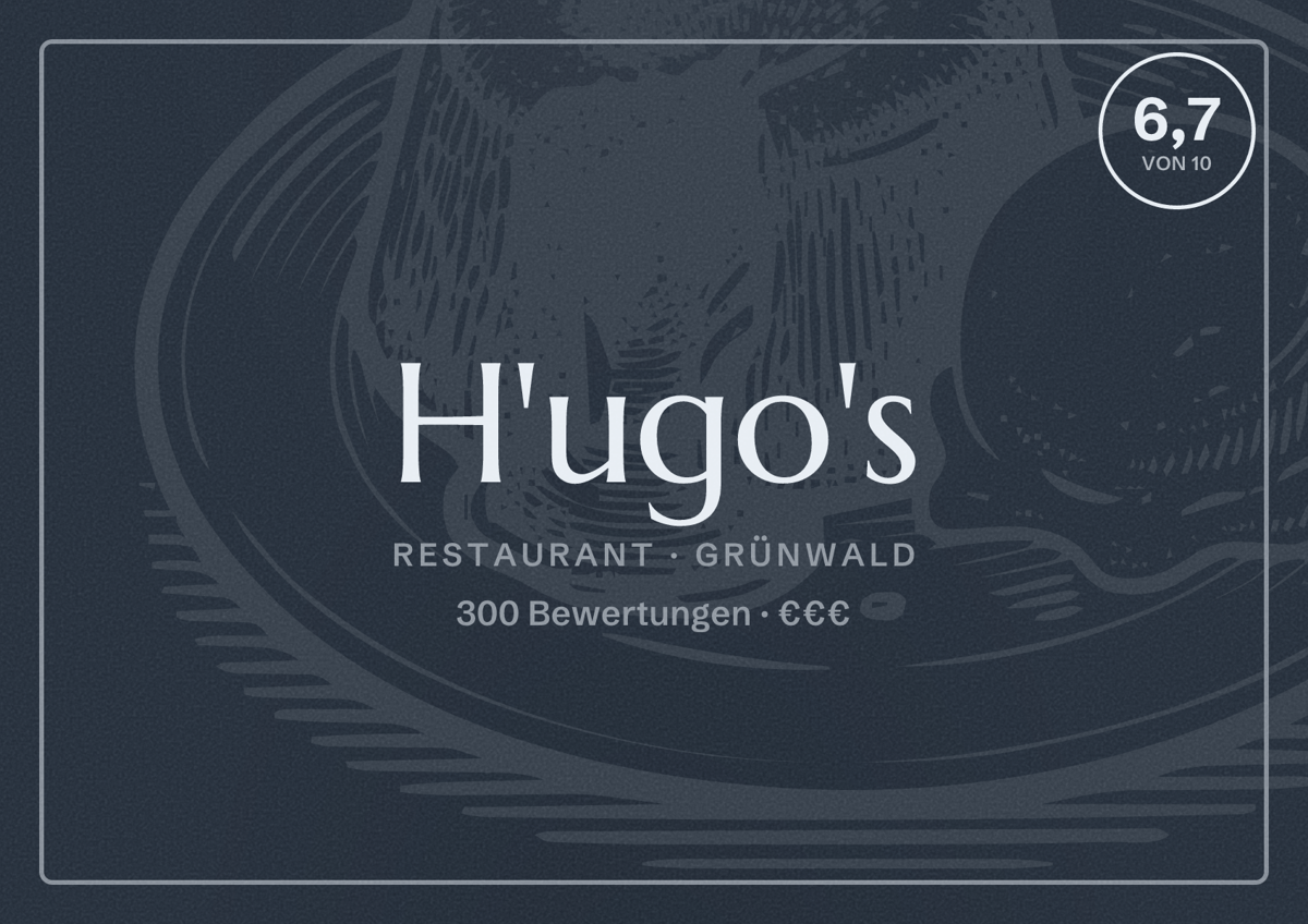 Illustriertes Poster von H'ugo's, Restaurant in Grünwald: Bewertung 6,7 von 10 aus 300 Bewertungen, Preisniveau €€€