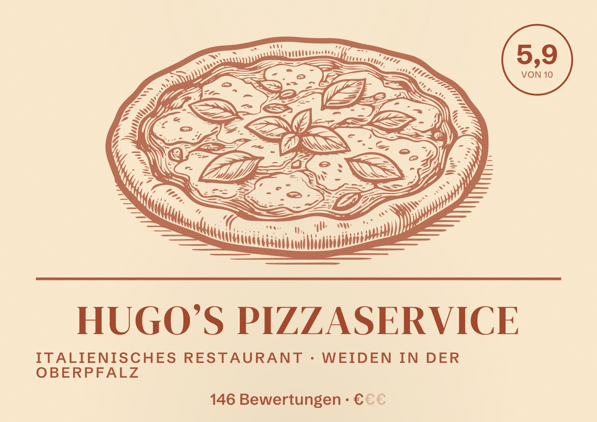 Illustriertes Poster von Hugo’s Pizzaservice, Italienisches Restaurant in Weiden in der Oberpfalz: Bewertung 5,9 von 10 aus 146 Bewertungen, Preisniveau €