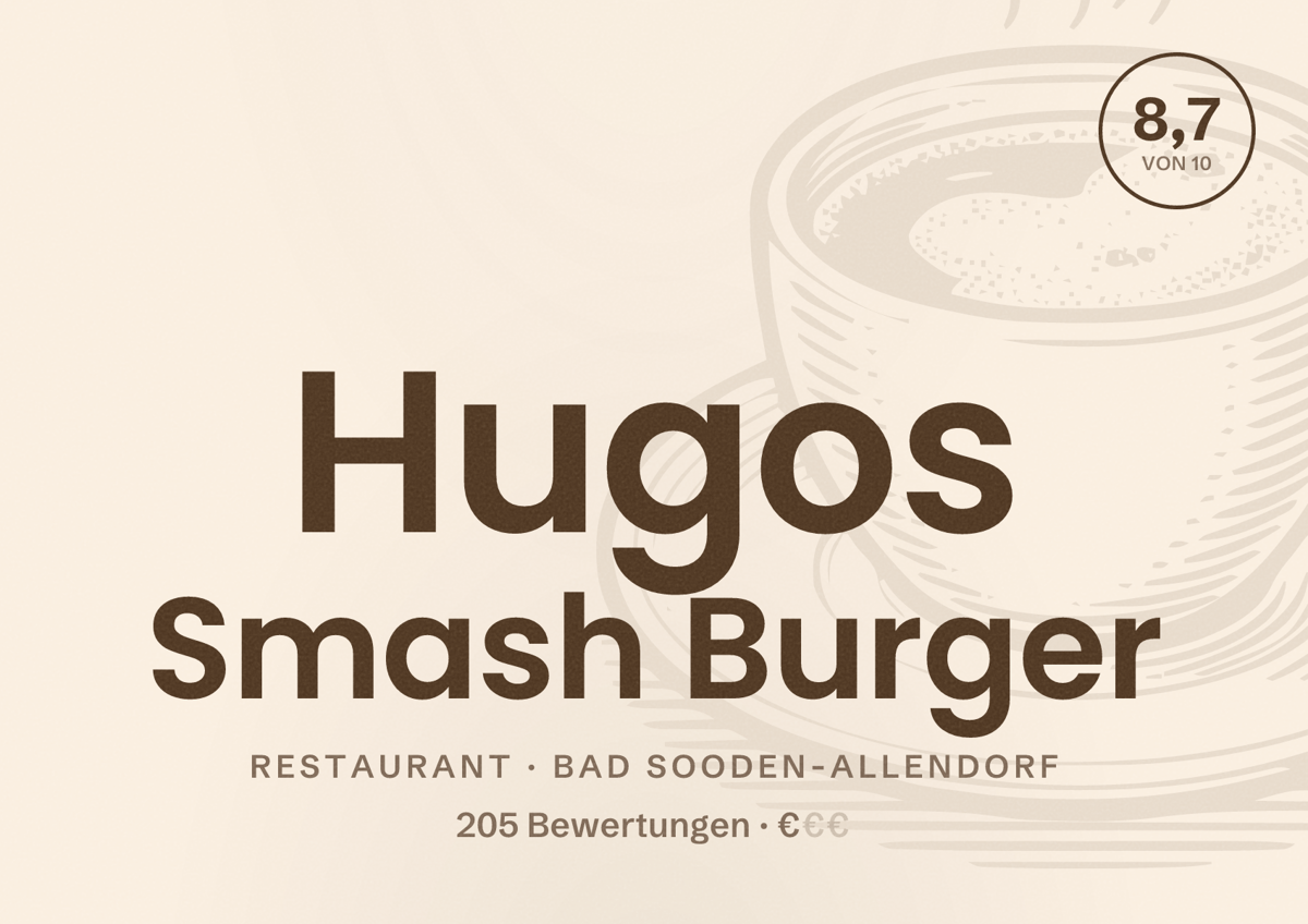 Illustriertes Poster von Hugos Smash Burger, Restaurant in Bad Sooden-Allendorf: Bewertung 8,7 von 10 aus 205 Bewertungen, Preisniveau €