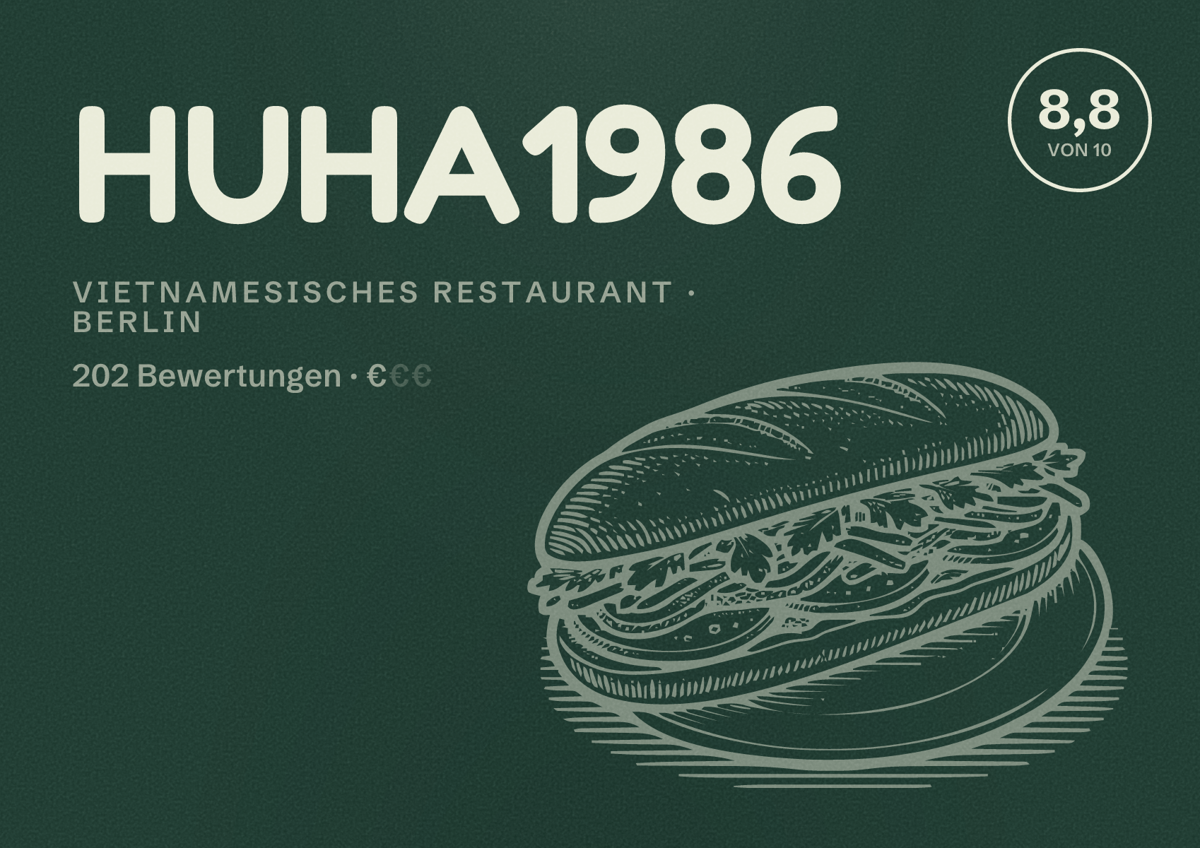 Illustriertes Poster von HUHA1986, Vietnamesisches Restaurant in Berlin: Bewertung 8,8 von 10 aus 202 Bewertungen, Preisniveau €