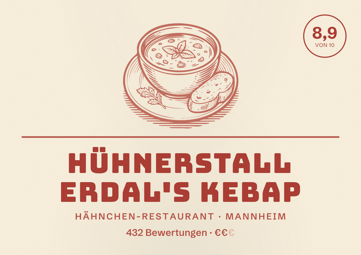 Illustriertes Poster von Hühnerstall Erdal's Kebap, Hähnchen-Restaurant in Mannheim: Bewertung 8,9 von 10 aus 432 Bewertungen, Preisniveau €€