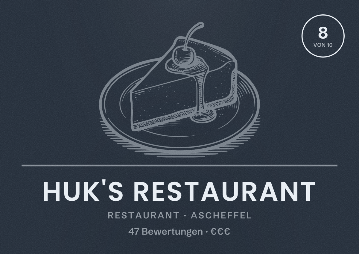 Illustriertes Poster von Huk's Restaurant, Restaurant in Ascheffel: Bewertung 8 von 10 aus 47 Bewertungen, Preisniveau €€€