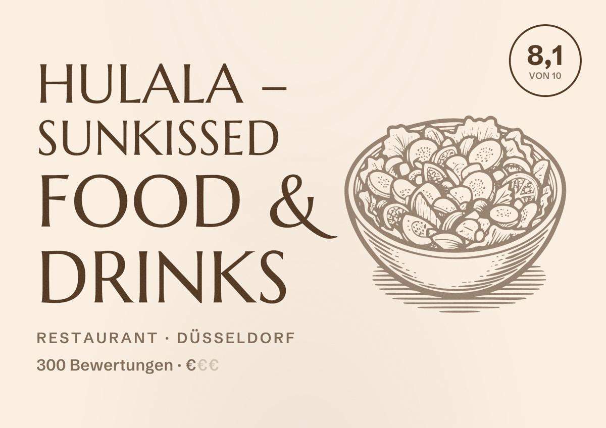 Illustriertes Poster von Hulala – Sunkissed Food & Drinks, Restaurant in Düsseldorf: Bewertung 8,1 von 10 aus 300 Bewertungen, Preisniveau €