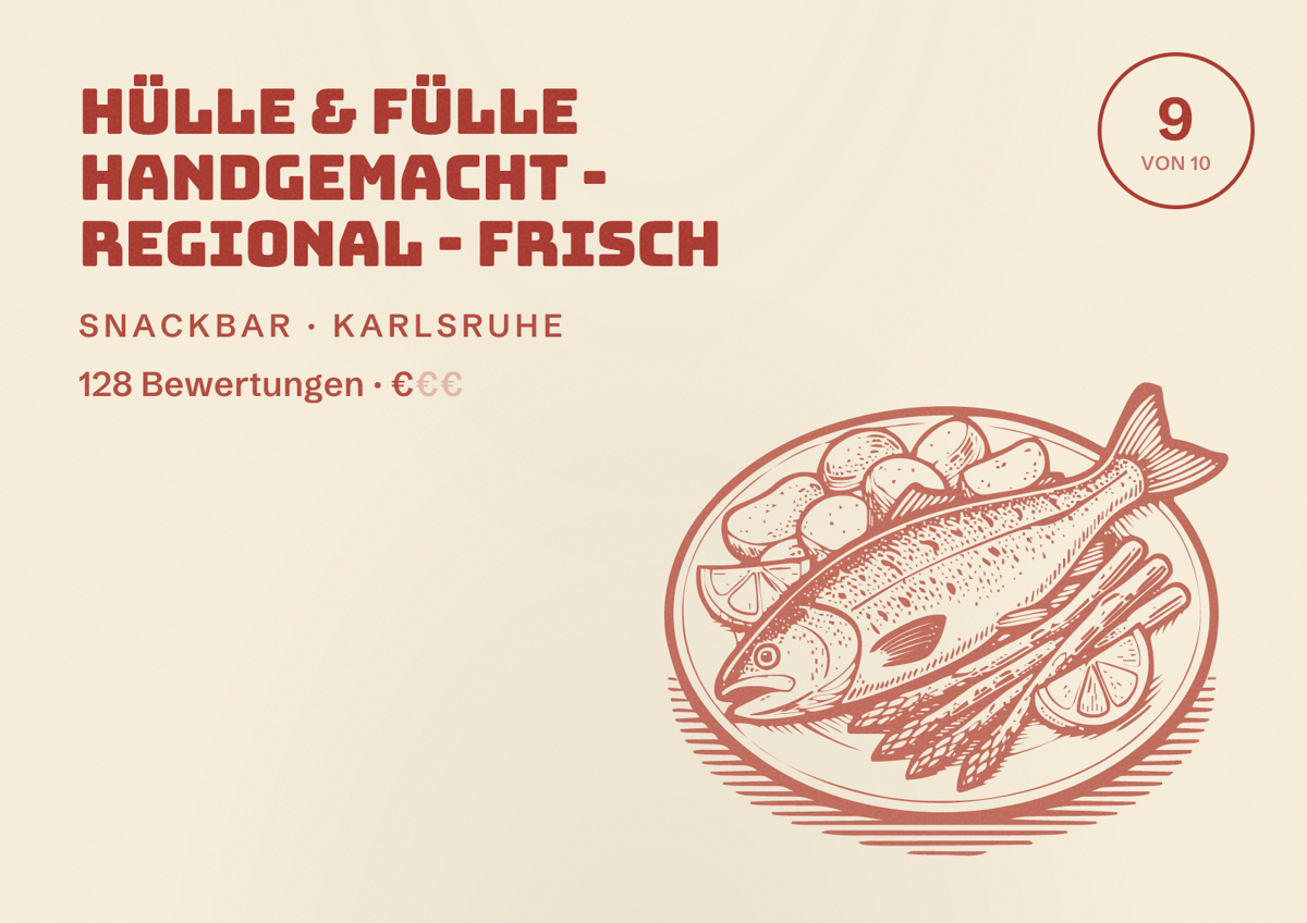Illustriertes Poster von HÜLLE & FÜLLE handgemacht - regional - frisch, Snackbar in Karlsruhe: Bewertung 9 von 10 aus 128 Bewertungen, Preisniveau €