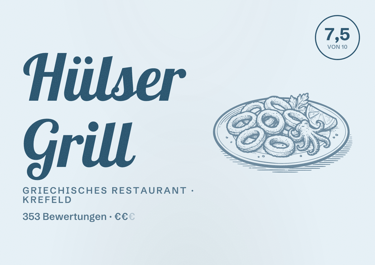 Illustriertes Poster von Hülser Grill, Griechisches Restaurant in Krefeld: Bewertung 7,5 von 10 aus 353 Bewertungen, Preisniveau €€