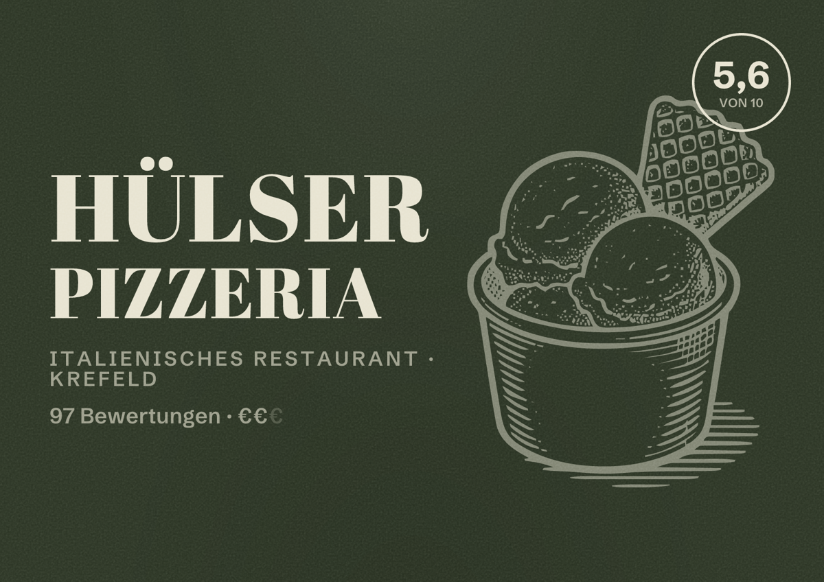 Illustriertes Poster von Hülser Pizzeria, Italienisches Restaurant in Krefeld: Bewertung 5,6 von 10 aus 97 Bewertungen, Preisniveau €€