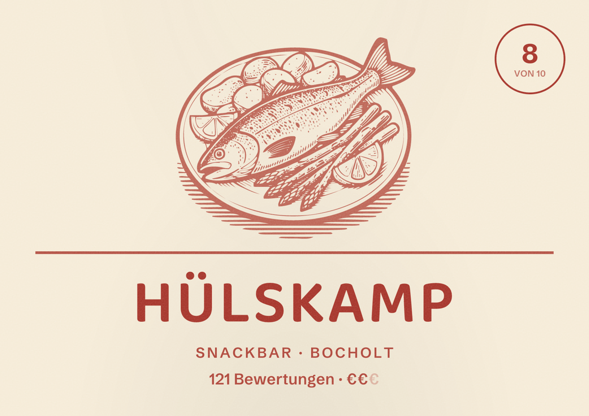 Illustriertes Poster von Hülskamp, Snackbar in Bocholt: Bewertung 8 von 10 aus 121 Bewertungen, Preisniveau €€