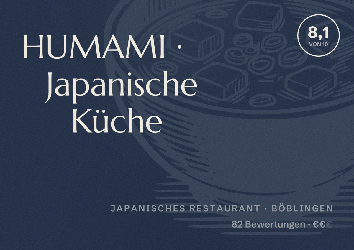 Illustriertes Poster von HUMAMI · Japanische Küche, Japanisches Restaurant in Böblingen: Bewertung 8,1 von 10 aus 82 Bewertungen, Preisniveau €€