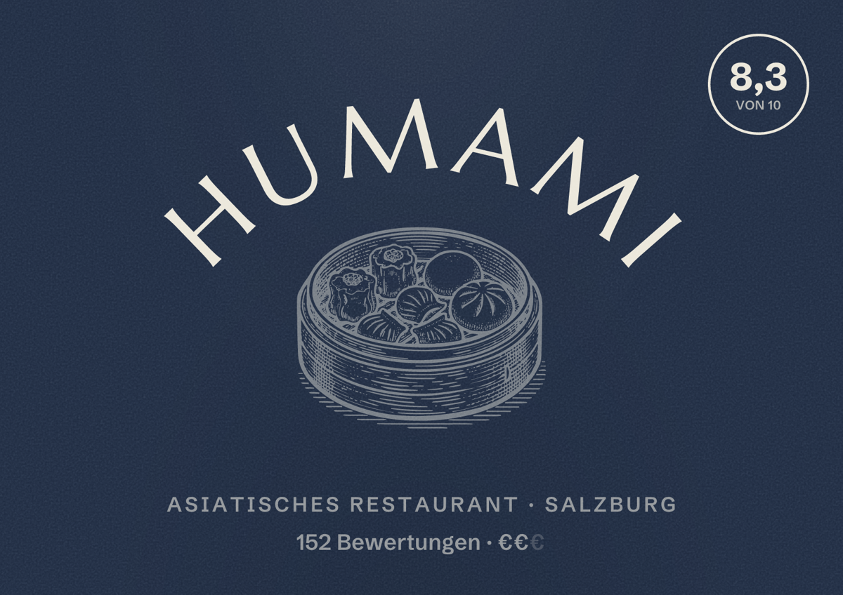 Illustriertes Poster von hUmami, Asiatisches Restaurant in Salzburg: Bewertung 8,3 von 10 aus 152 Bewertungen, Preisniveau €€
