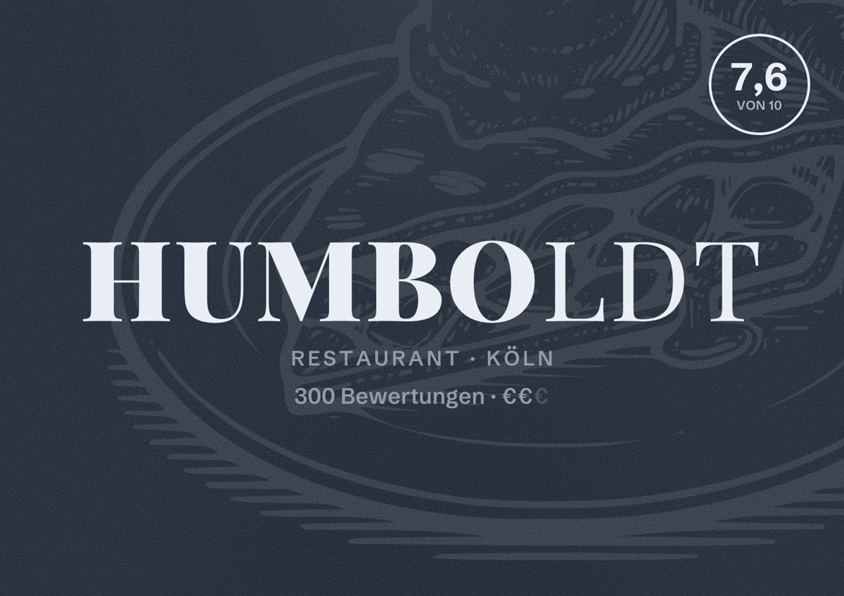 Illustriertes Poster von Humboldt, Restaurant in Köln: Bewertung 7,6 von 10 aus 300 Bewertungen, Preisniveau €€