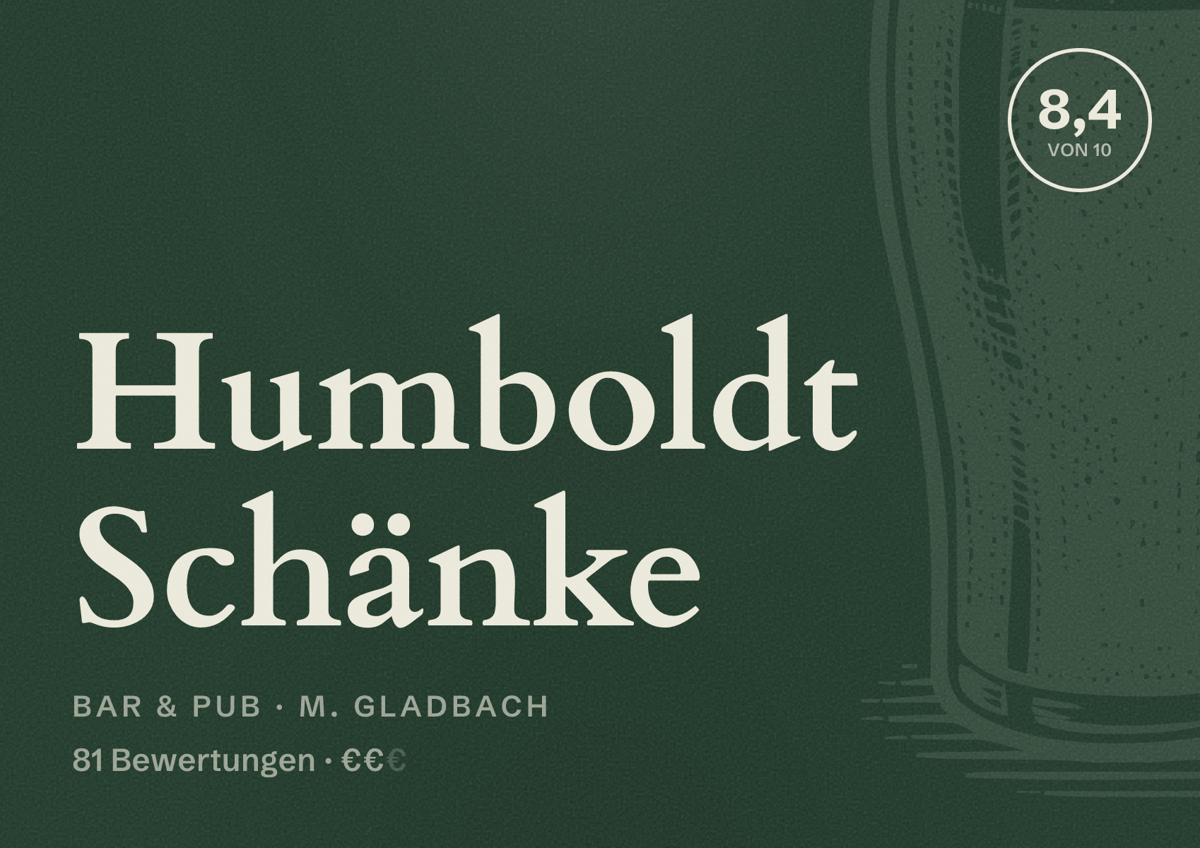 Illustriertes Poster von Humboldt Schänke, Bar & Pub in M. Gladbach: Bewertung 8,4 von 10 aus 81 Bewertungen, Preisniveau €€