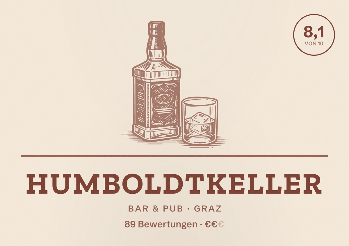 Illustriertes Poster von Humboldtkeller, Bar & Pub in Graz: Bewertung 8,1 von 10 aus 89 Bewertungen, Preisniveau €€