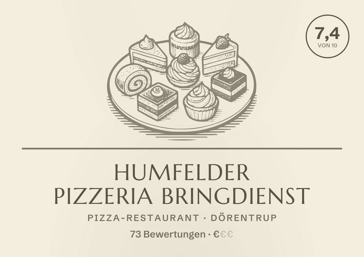 Illustriertes Poster von Humfelder Pizzeria Bringdienst, Pizza-Restaurant in Dörentrup: Bewertung 7,4 von 10 aus 73 Bewertungen, Preisniveau €