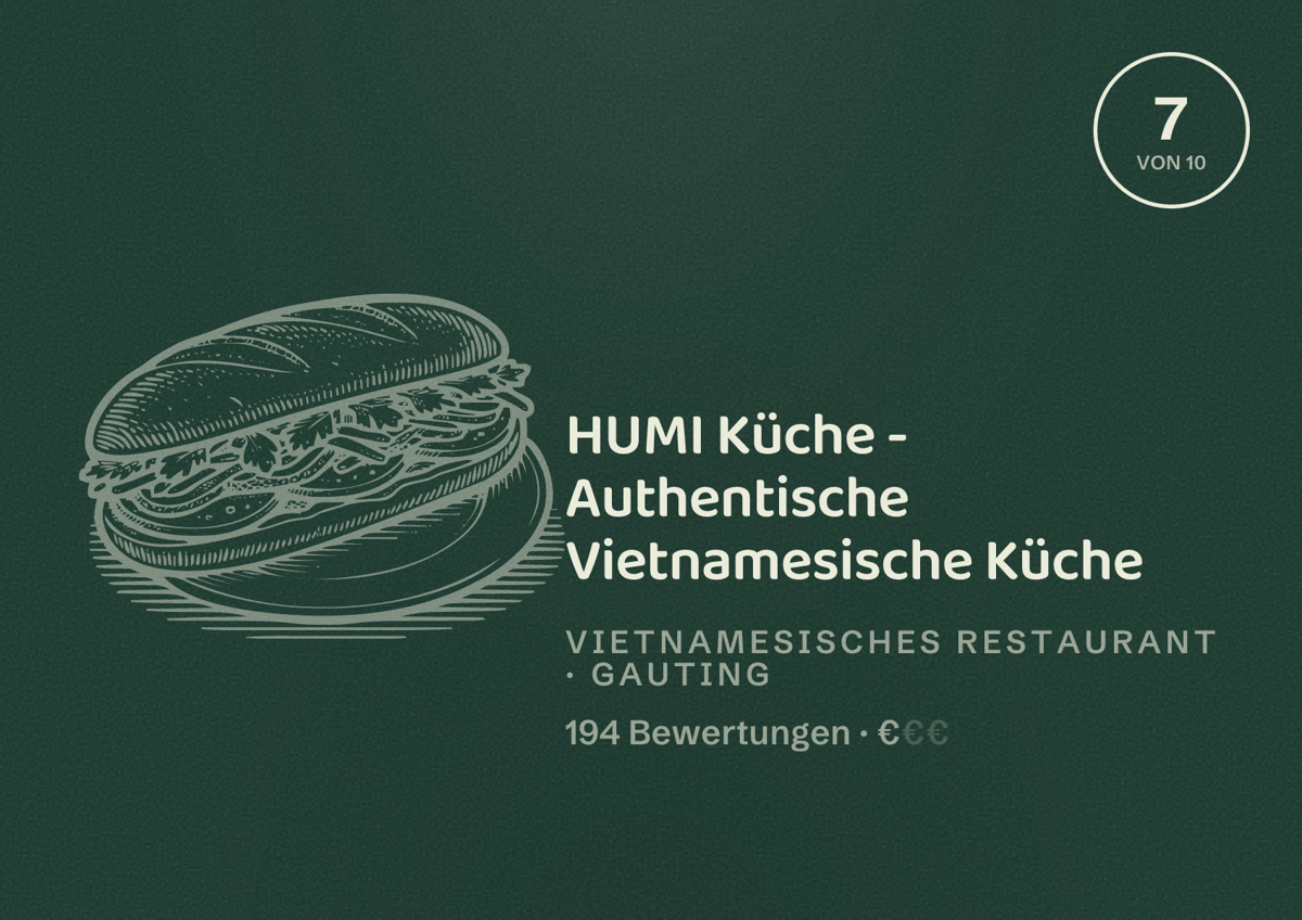 Illustriertes Poster von HUMI Küche - Authentische Vietnamesische Küche, Vietnamesisches Restaurant in Gauting: Bewertung 7 von 10 aus 194 Bewertungen, Preisniveau €
