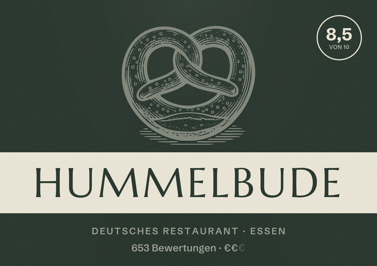 Illustriertes Poster von Hummelbude, Deutsches Restaurant in Essen: Gästebewertung 8,5 von 10 aus 653 Bewertungen