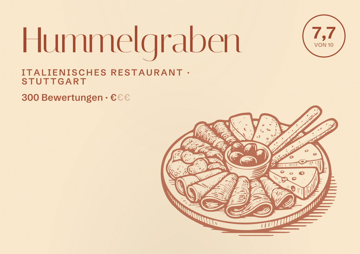 Illustriertes Poster von Hummelgraben, Italienisches Restaurant in Stuttgart: Bewertung 7,7 von 10 aus 300 Bewertungen, Preisniveau €