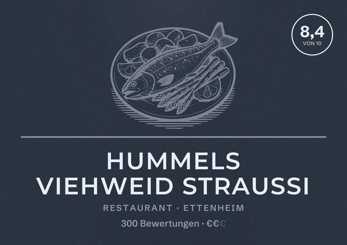 Illustriertes Poster von Hummels Viehweid Straußi, Restaurant in Ettenheim: Bewertung 8,4 von 10 aus 300 Bewertungen, Preisniveau €€