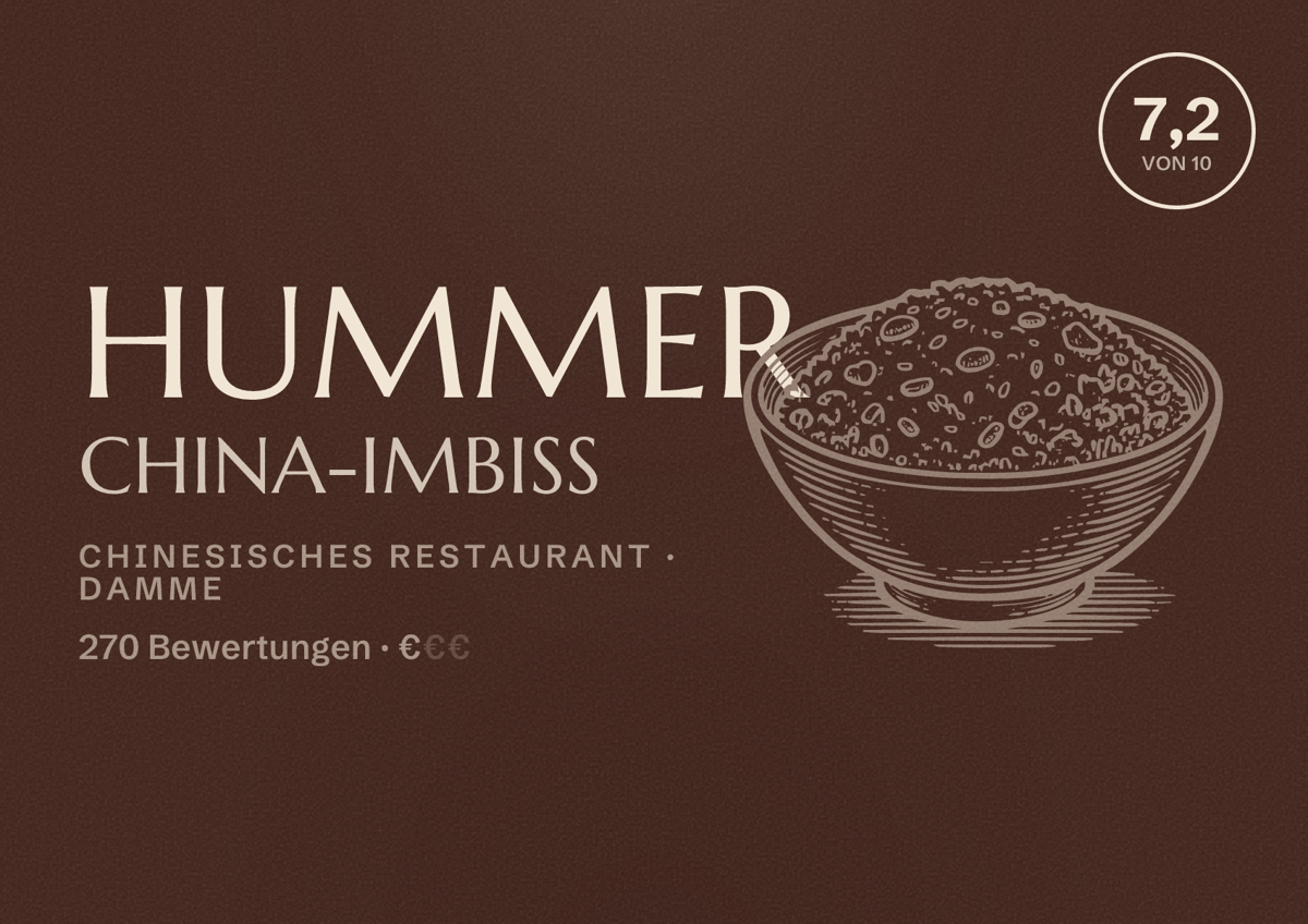 Illustriertes Poster von Hummer China-Imbiss, Chinesisches Restaurant in Damme: Bewertung 7,2 von 10 aus 270 Bewertungen, Preisniveau €