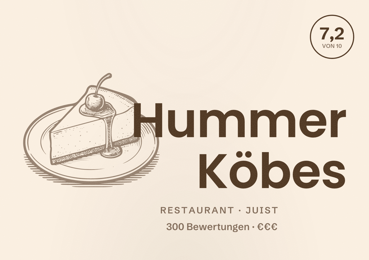 Illustriertes Poster von Hummer Köbes, Restaurant in Juist: Bewertung 7,2 von 10 aus 300 Bewertungen, Preisniveau €€€