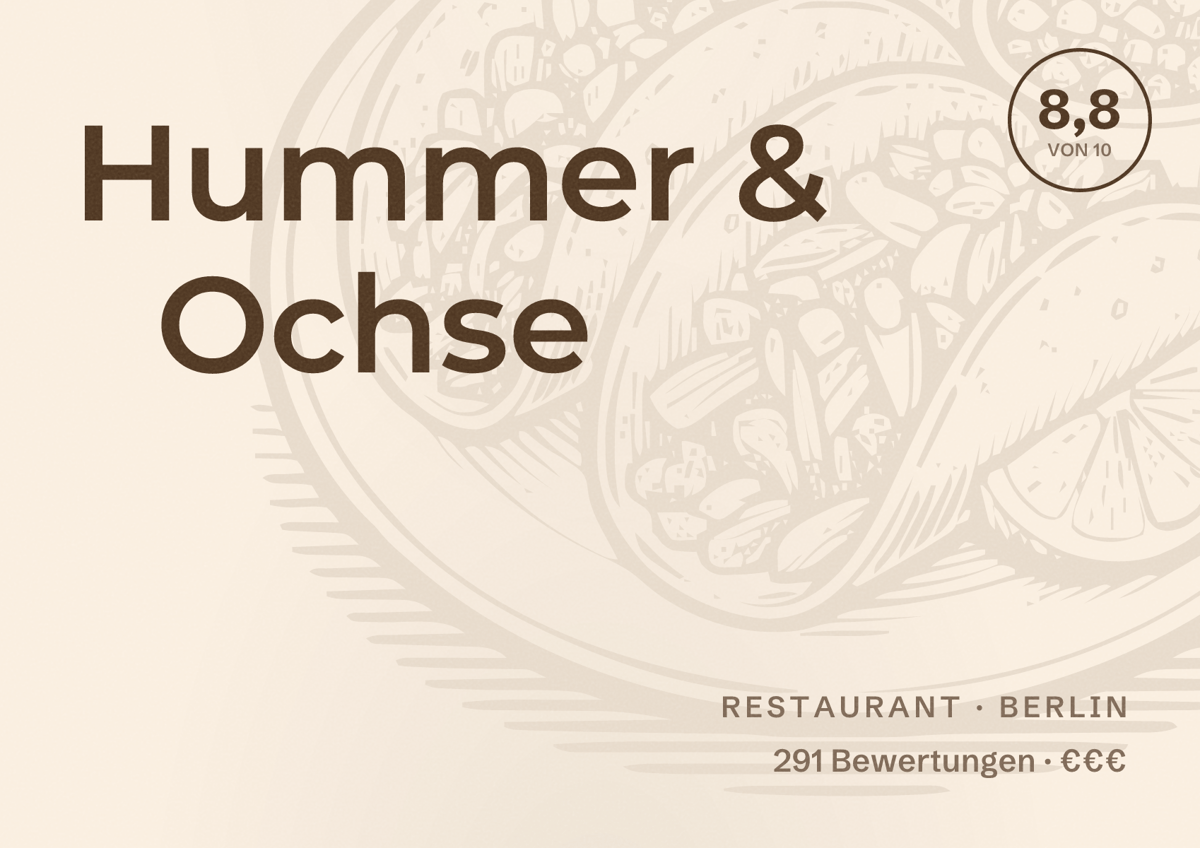 Illustriertes Poster von Hummer & Ochse, Restaurant in Berlin: Bewertung 8,8 von 10 aus 291 Bewertungen, Preisniveau €€€