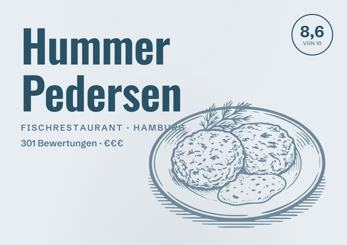Illustriertes Poster von Hummer Pedersen, Fischrestaurant in Hamburg: Bewertung 8,6 von 10 aus 301 Bewertungen, Preisniveau €€€