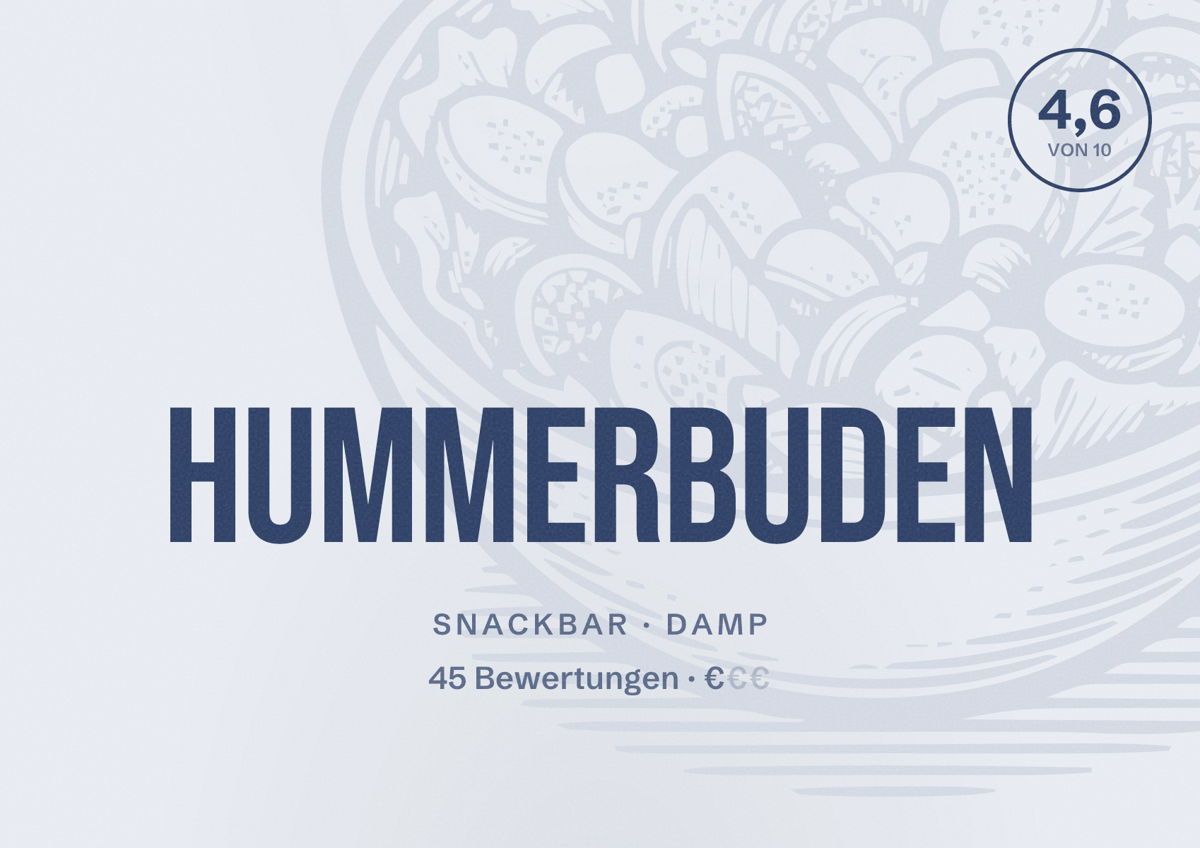Illustriertes Poster von Hummerbuden, Snackbar in Damp: Bewertung 4,6 von 10 aus 45 Bewertungen, Preisniveau €