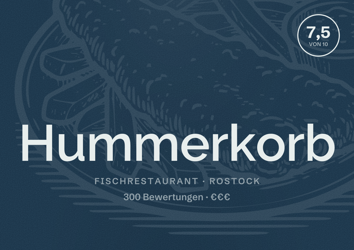 Illustriertes Poster von Hummerkorb, Fischrestaurant in Rostock: Bewertung 7,5 von 10 aus 300 Bewertungen, Preisniveau €€€