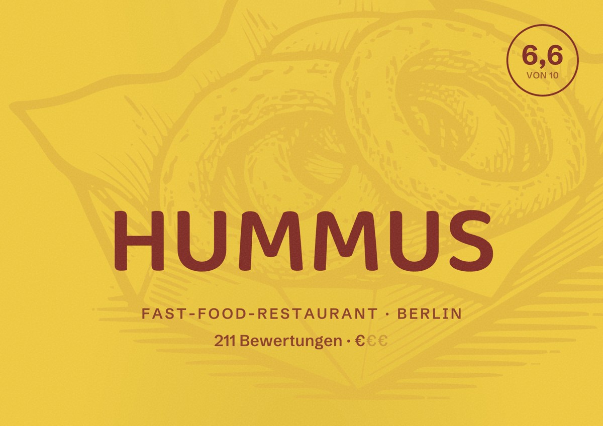 Illustriertes Poster von HUMMUS, Fast-Food-Restaurant in Berlin: Bewertung 6,6 von 10 aus 211 Bewertungen, Preisniveau €