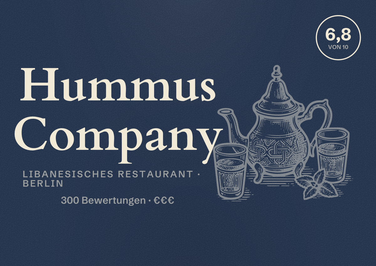 Illustriertes Poster von Hummus Company, Libanesisches Restaurant in Berlin: Bewertung 6,8 von 10 aus 300 Bewertungen, Preisniveau €€€