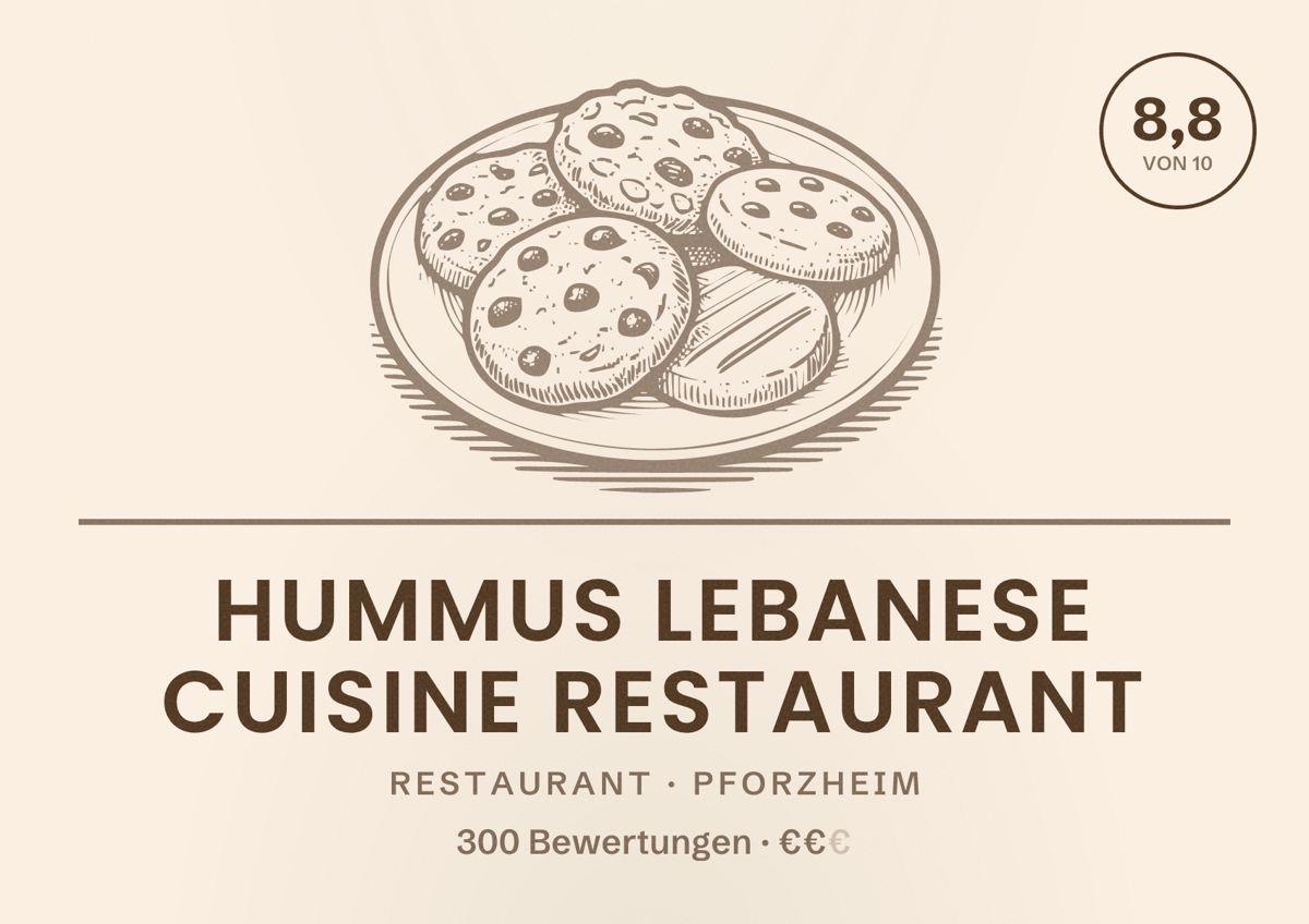 Illustriertes Poster von Hummus Lebanese Cuisine Restaurant, Restaurant in Pforzheim: Bewertung 8,8 von 10 aus 300 Bewertungen, Preisniveau €€