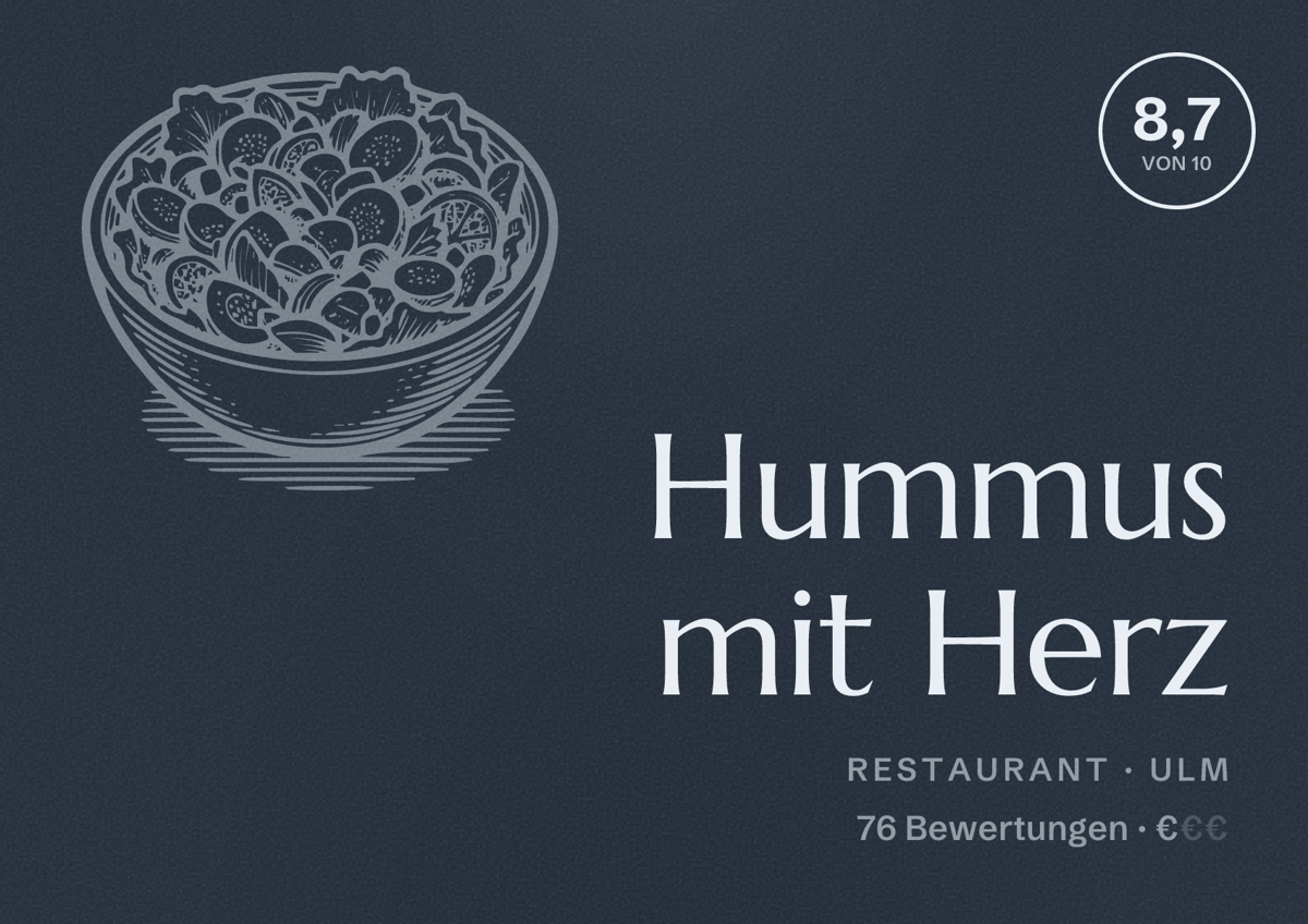 Illustriertes Poster von Hummus mit Herz, Restaurant in Ulm: Bewertung 8,7 von 10 aus 76 Bewertungen, Preisniveau €