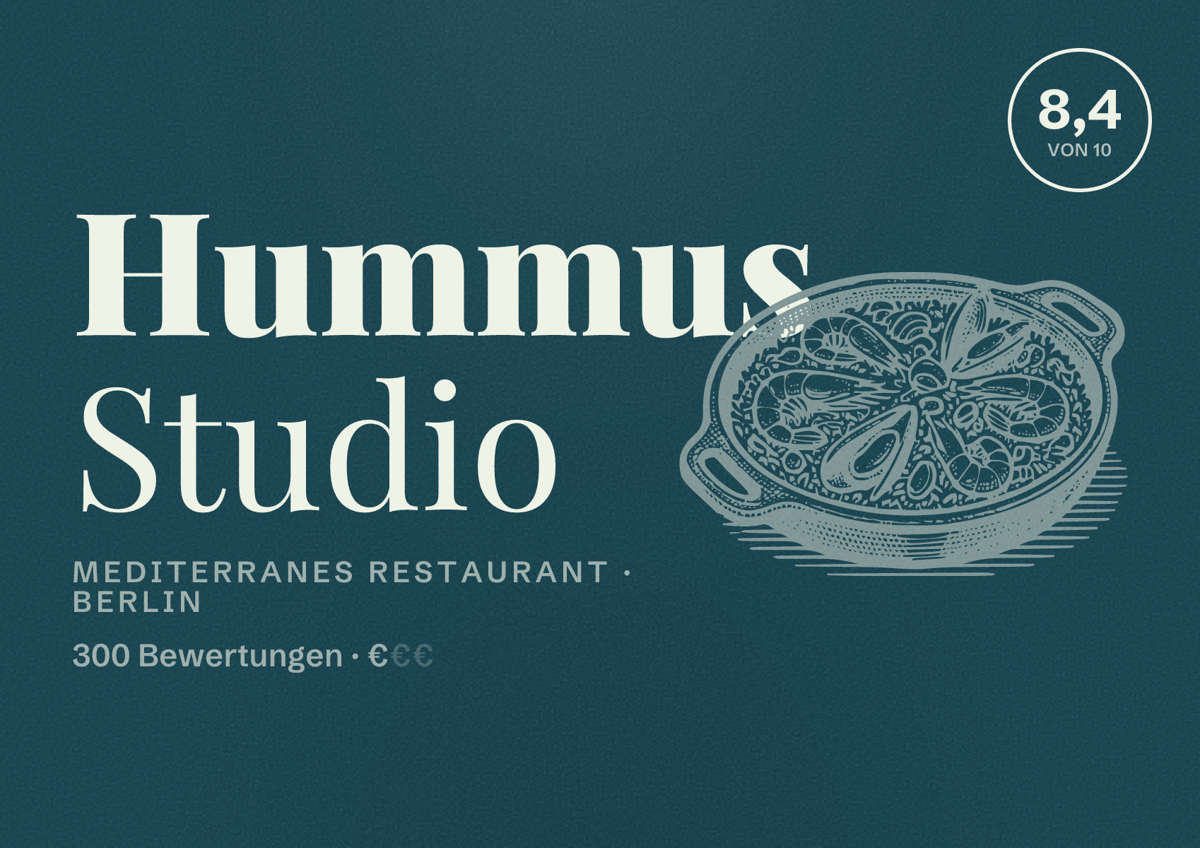 Illustriertes Poster von Hummus Studio, Mediterranes Restaurant in Berlin: Bewertung 8,4 von 10 aus 300 Bewertungen, Preisniveau €