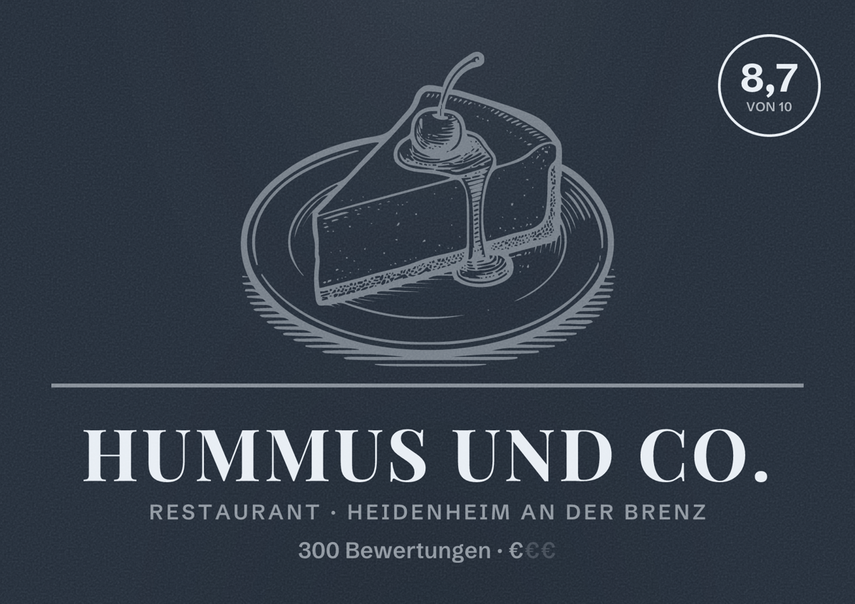 Illustriertes Poster von Hummus und Co., Restaurant in Heidenheim an der Brenz: Bewertung 8,7 von 10 aus 300 Bewertungen, Preisniveau €