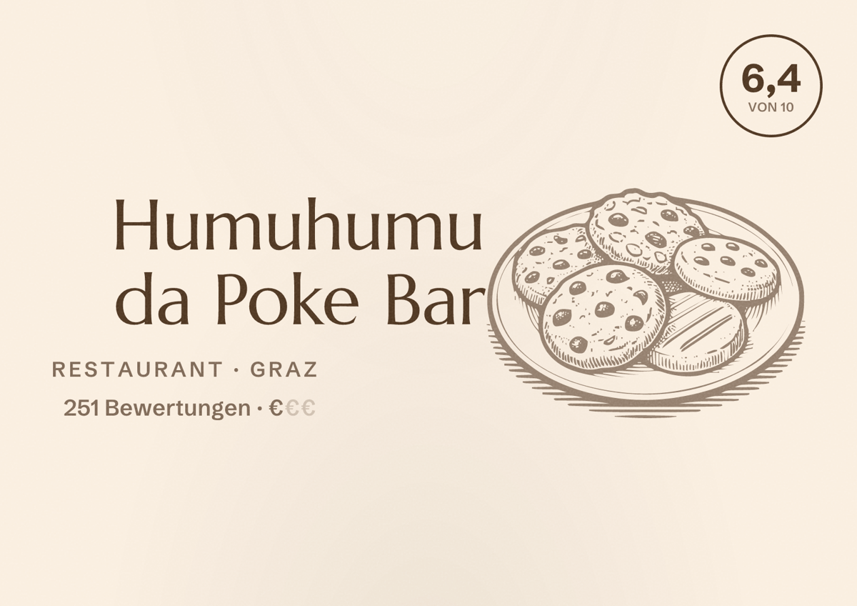 Illustriertes Poster von Humuhumu da Poke Bar, Restaurant in Graz: Bewertung 6,4 von 10 aus 251 Bewertungen, Preisniveau €