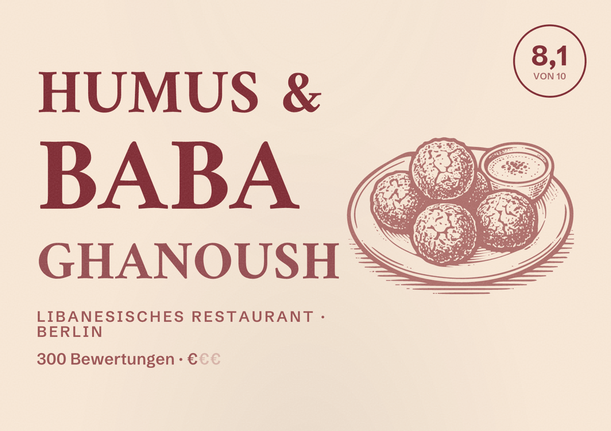 Illustriertes Poster von Humus & Baba Ghanoush, Libanesisches Restaurant in Berlin: Bewertung 8,1 von 10 aus 300 Bewertungen, Preisniveau €