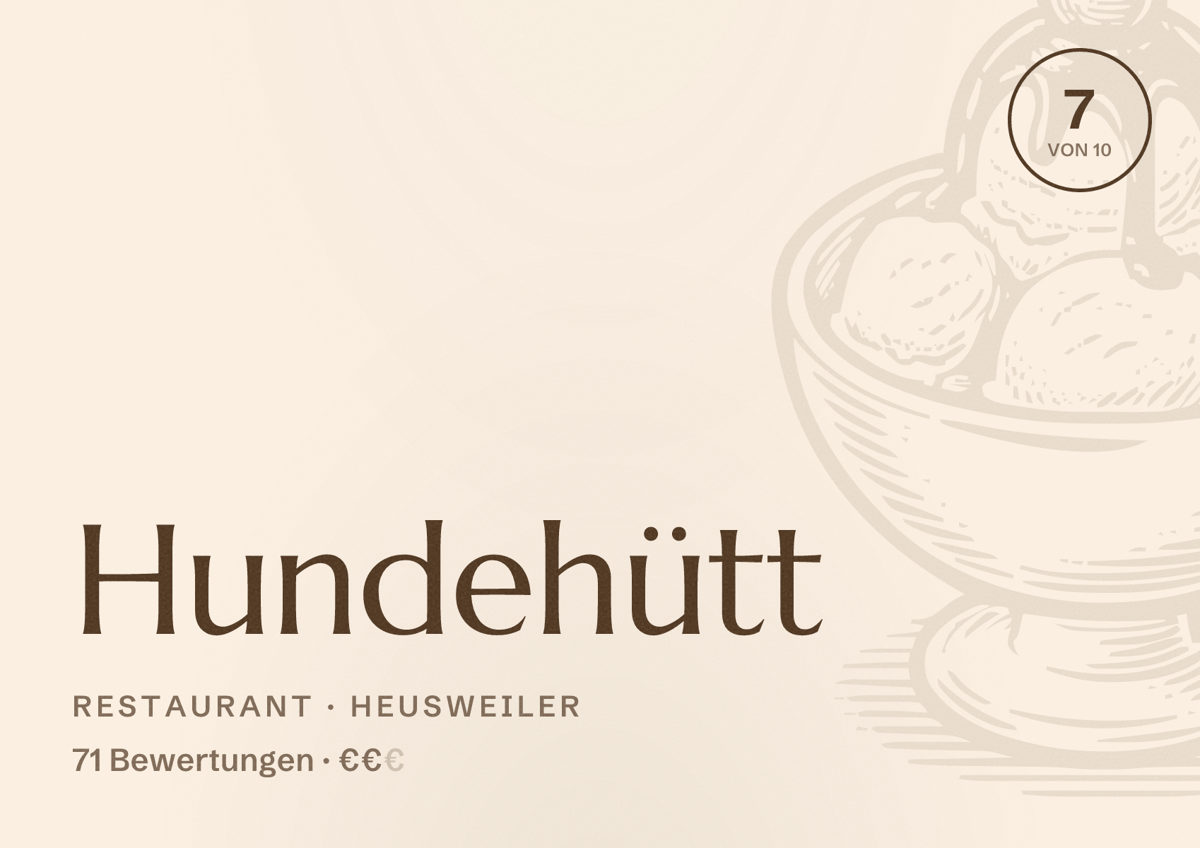 Illustriertes Poster von Hundehütt, Restaurant in Heusweiler: Bewertung 7 von 10 aus 71 Bewertungen, Preisniveau €€