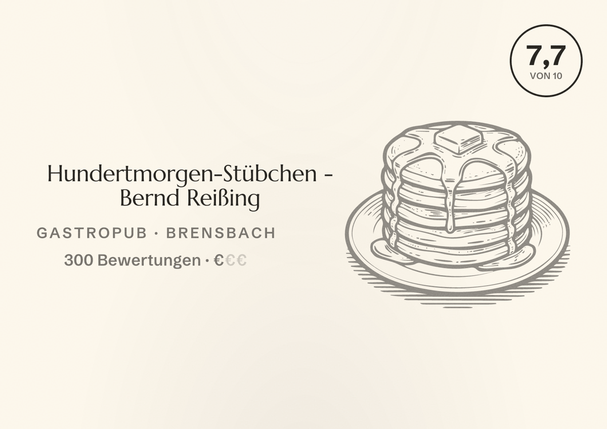 Illustriertes Poster von Hundertmorgen-Stübchen - Bernd Reißing, Gastropub in Brensbach: Bewertung 7,7 von 10 aus 300 Bewertungen, Preisniveau €