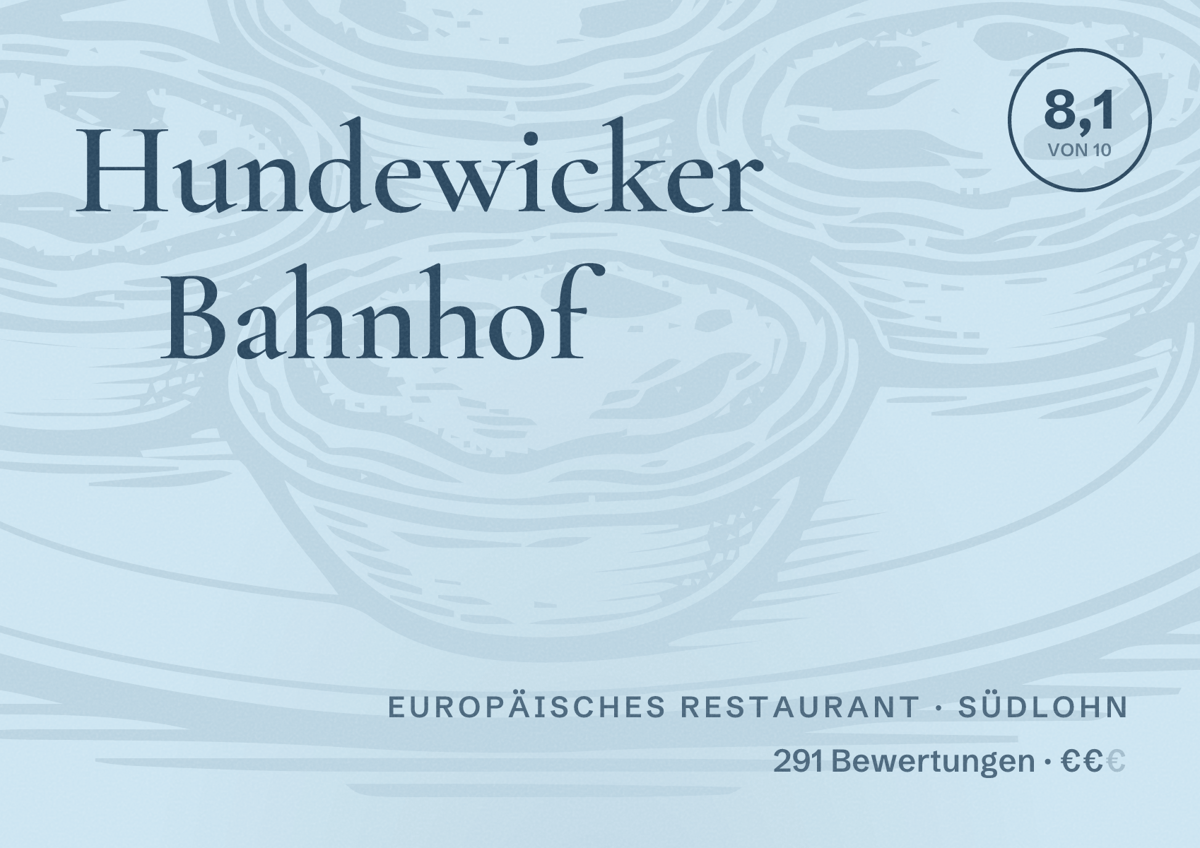 Illustriertes Poster von Hundewicker Bahnhof, Europäisches Restaurant in Südlohn: Bewertung 8,1 von 10 aus 291 Bewertungen, Preisniveau €€