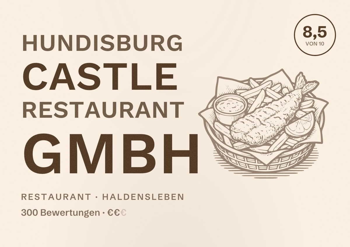 Illustriertes Poster von Hundisburg Castle Restaurant GmbH, Restaurant in Haldensleben: Bewertung 8,5 von 10 aus 300 Bewertungen, Preisniveau €€