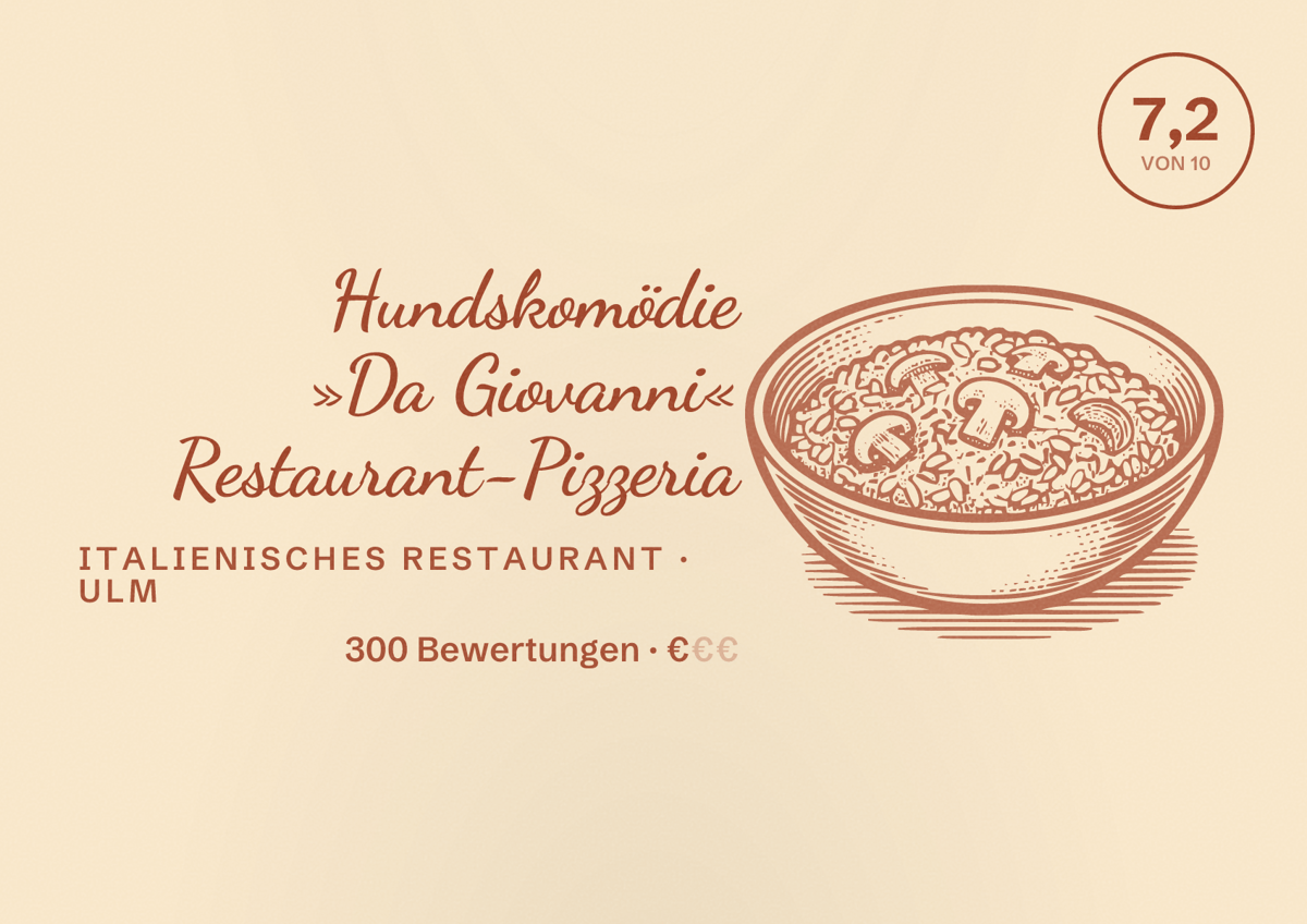 Illustriertes Poster von Hundskomödie »Da Giovanni« Restaurant-Pizzeria, Italienisches Restaurant in Ulm: Bewertung 7,2 von 10 aus 300 Bewertungen, Preisniveau €