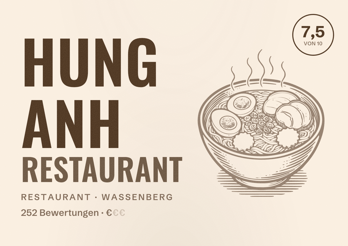 Illustriertes Poster von Hung Anh Restaurant, Restaurant in Wassenberg: Bewertung 7,5 von 10 aus 252 Bewertungen, Preisniveau €