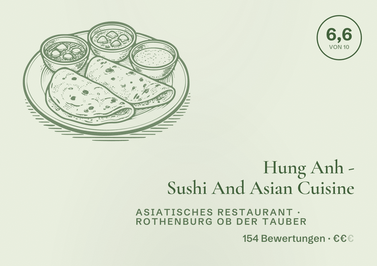 Illustriertes Poster von Hung Anh - Sushi And Asian Cuisine, Asiatisches Restaurant in Rothenburg ob der Tauber: Bewertung 6,6 von 10 aus 154 Bewertungen, Preisniveau €€