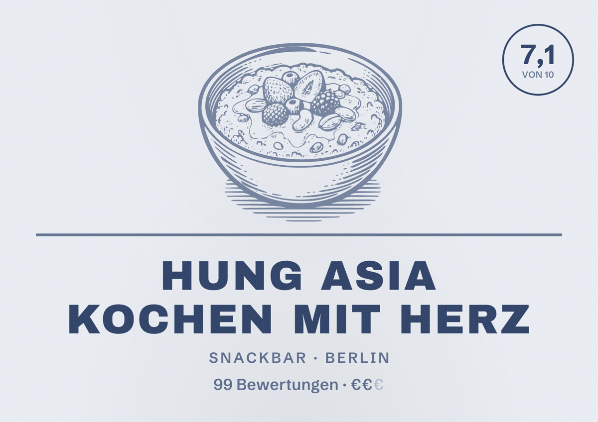 Illustriertes Poster von Hung Asia Kochen mit Herz, Snackbar in Berlin: Bewertung 7,1 von 10 aus 99 Bewertungen, Preisniveau €€